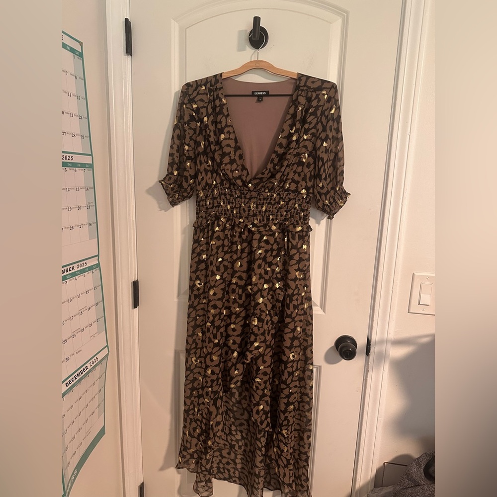 Express Brown and Gold Women's hi low Dress animal print lined shorter front